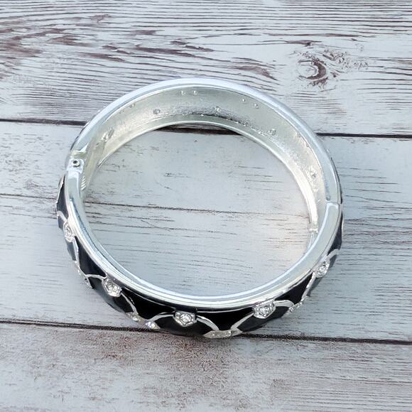Vintage Hinged Bracelet Black & Silver Tone with Clear Gems - Picture 4 of 7